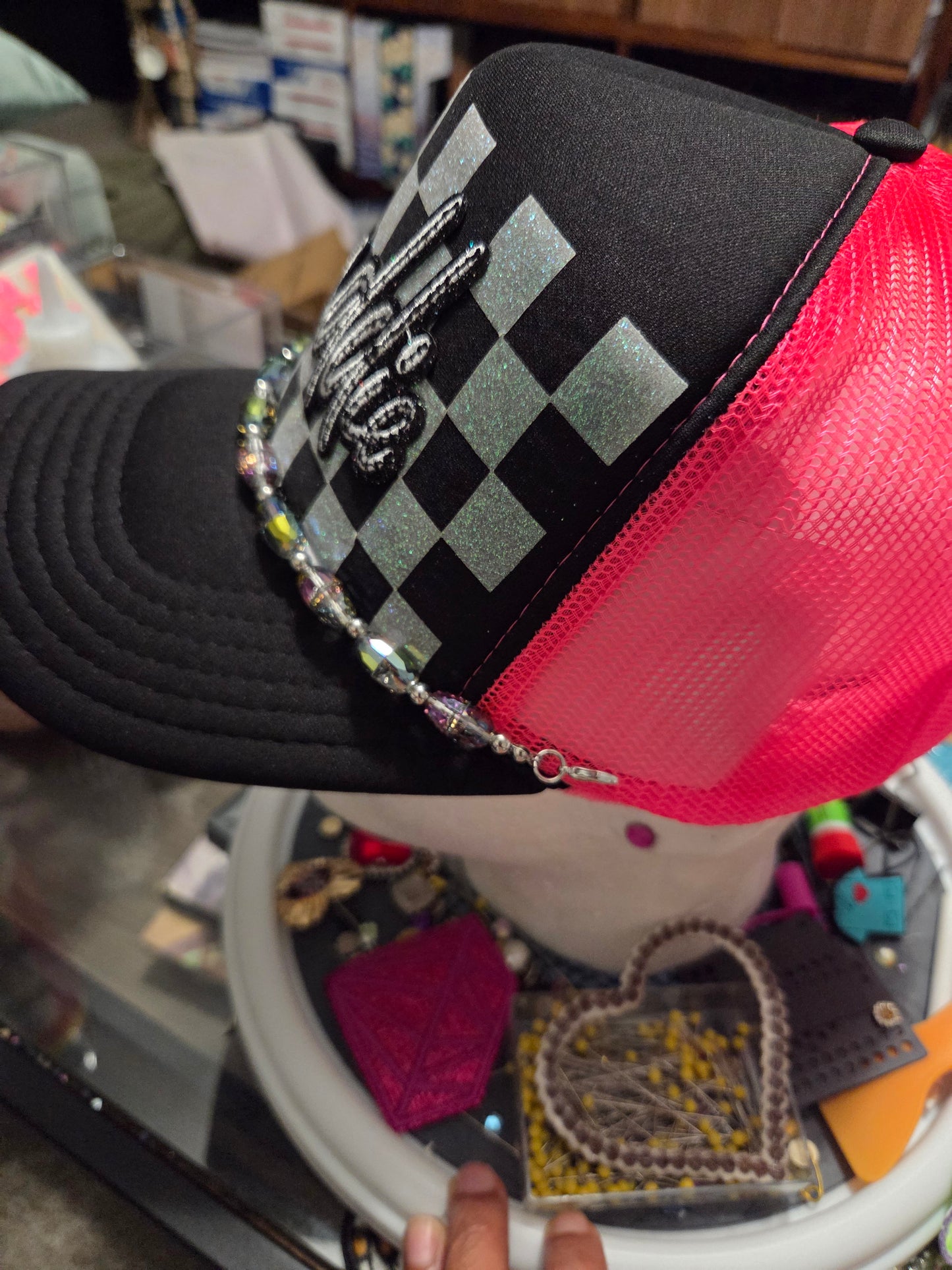 Baddie Checker Trucker Hat - Black/Pink