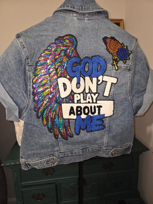 God Don't Play About me Short Sleeve Denim Jacket - Nicole Miller - Size Medium